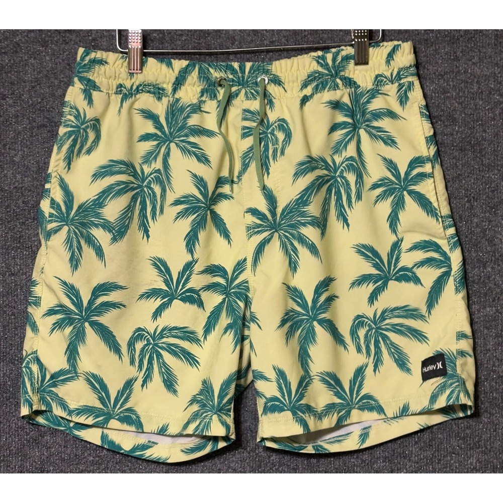 Hurley Mens M Swim Trunks Yellow Palm Tree Tropical Print Board Shorts